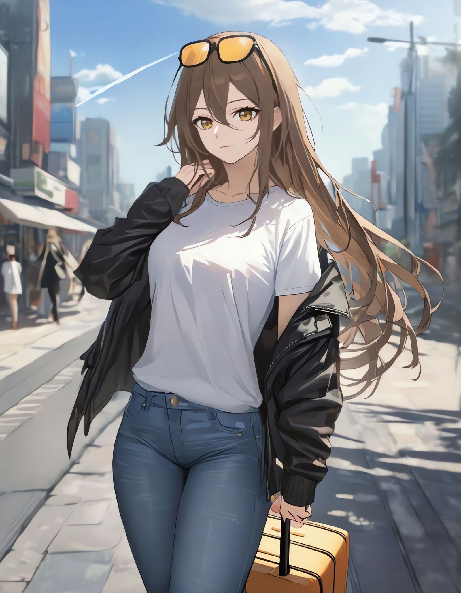 Woman in Leather Jacket on City Sidewalk