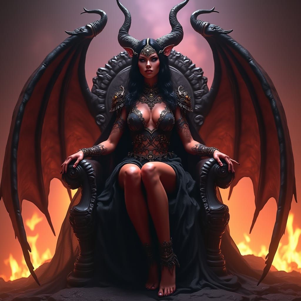 Regal Demon Queen in Fiery Hellish Throne Room