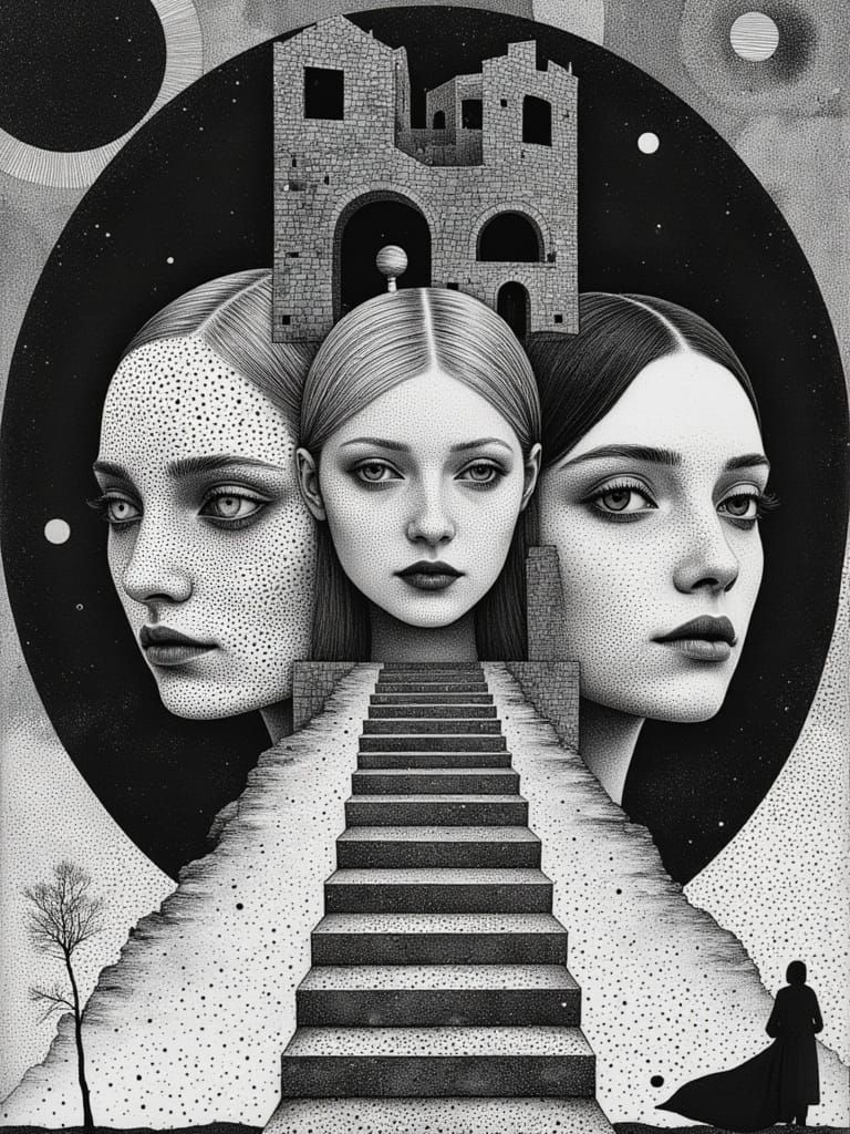 Moirai Faces in Dizzying Geometric Staircase