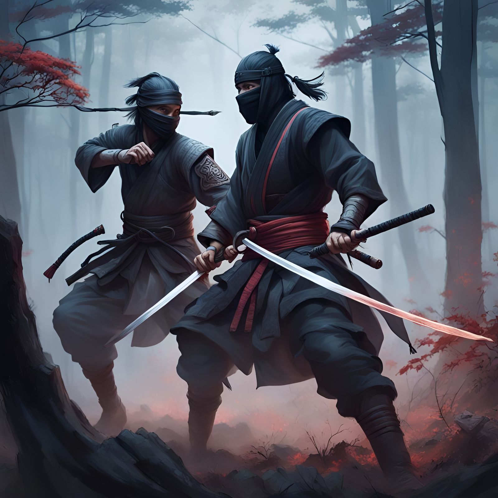 Ninja Versus Samurai in Foggy Forest, Digital Art