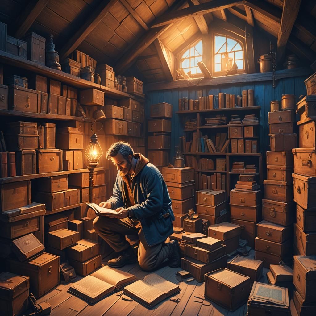 Mysterious Man Reads Diary in Dusty Attic