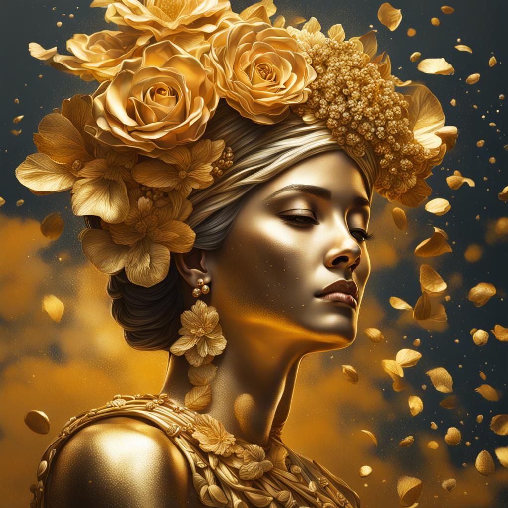 Athena's Golden Bridal Bouquet: Hyperrealistic Wedding Art