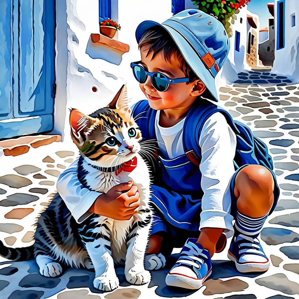 Child and Kitten in Santorini: Watercolor Painting