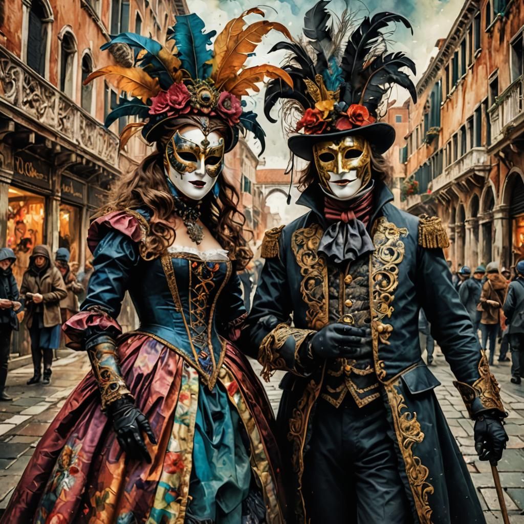 Venice Carnival Masks in Vibrant Mixed Media