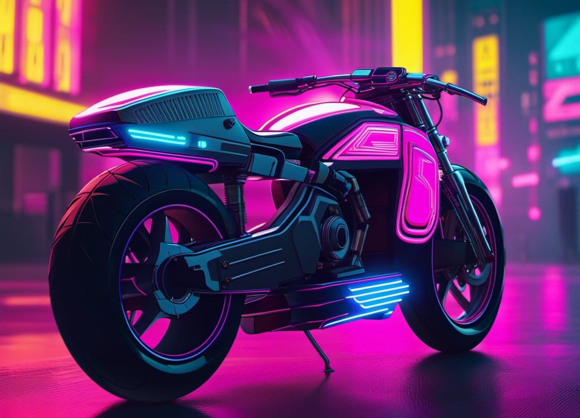 Retrofuturist Cafe Racer Motorcycle in Cyberpunk Neon Style