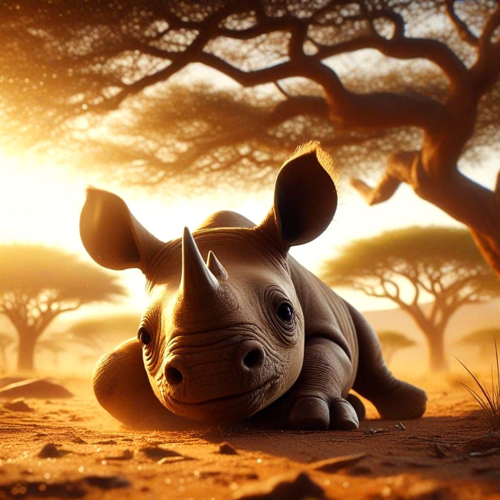 Vibrant African Savanna Scene with a Happy Baby Rhinoceros