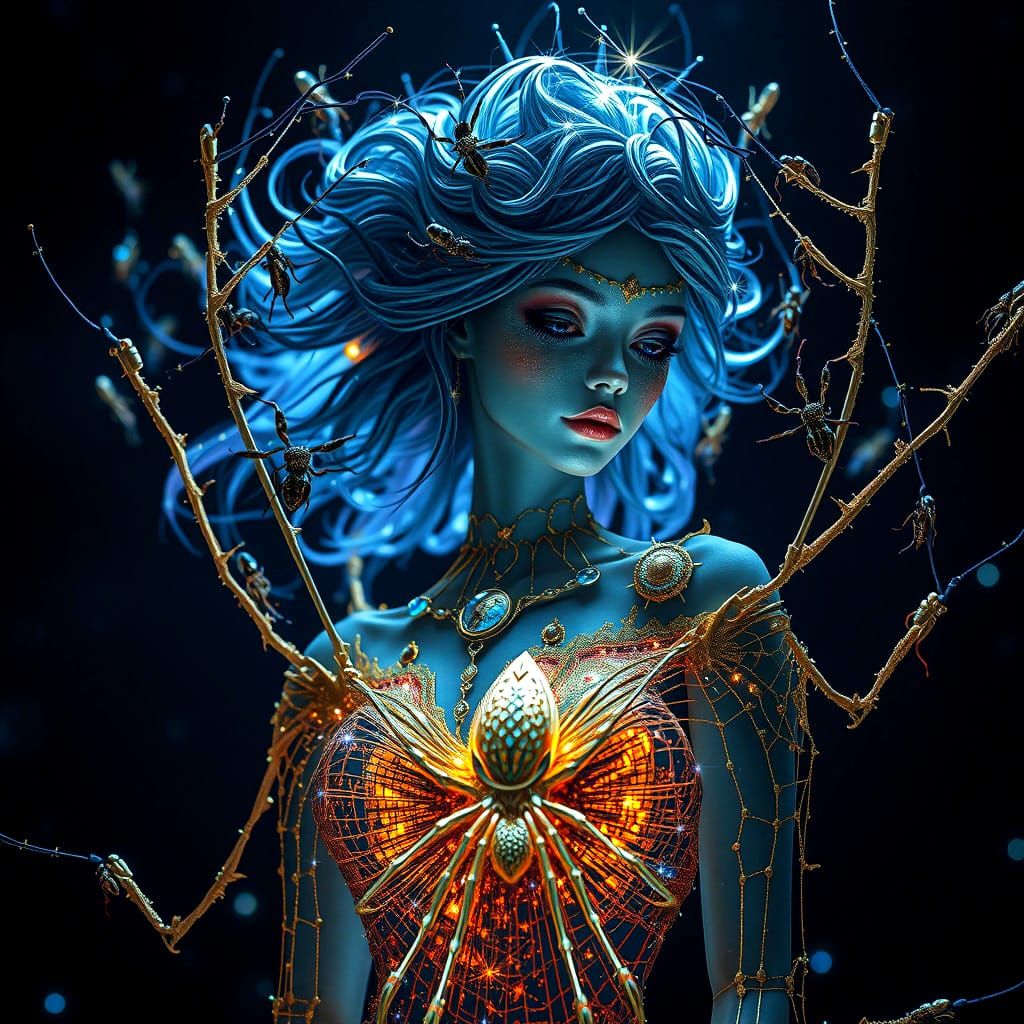 Surrealist Goddess Emerging from Cosmic Spiderweb