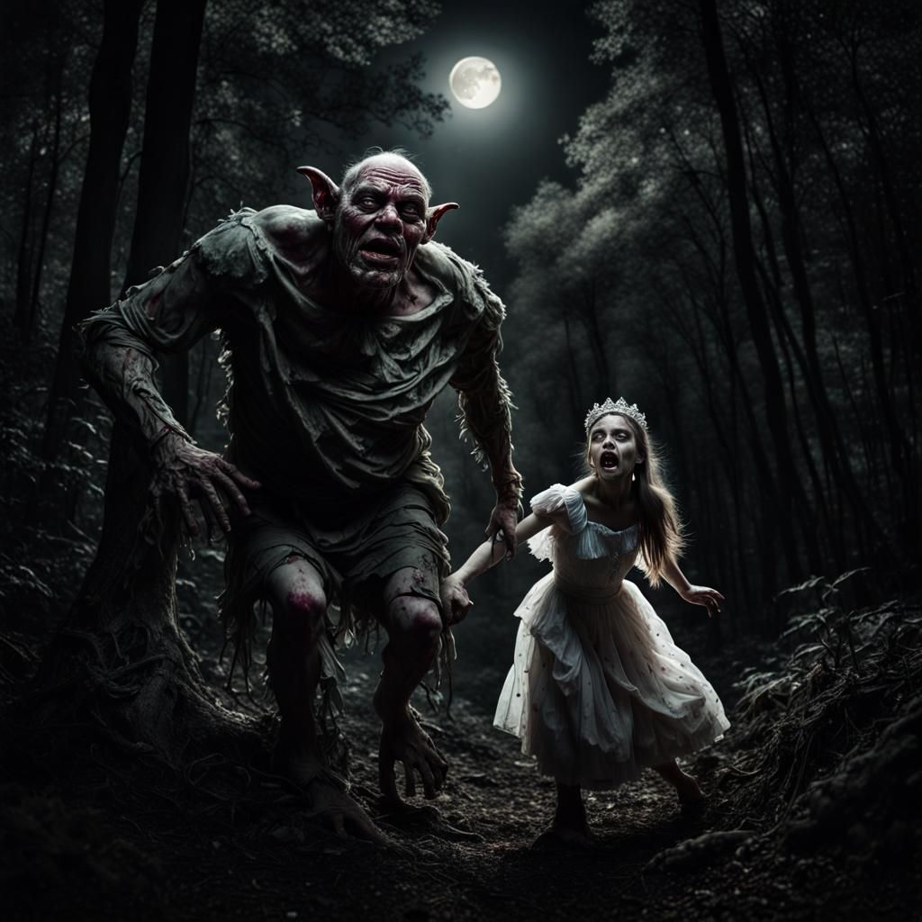 Horrifying Zombie Ogre Chasing Princess in Dark Forest