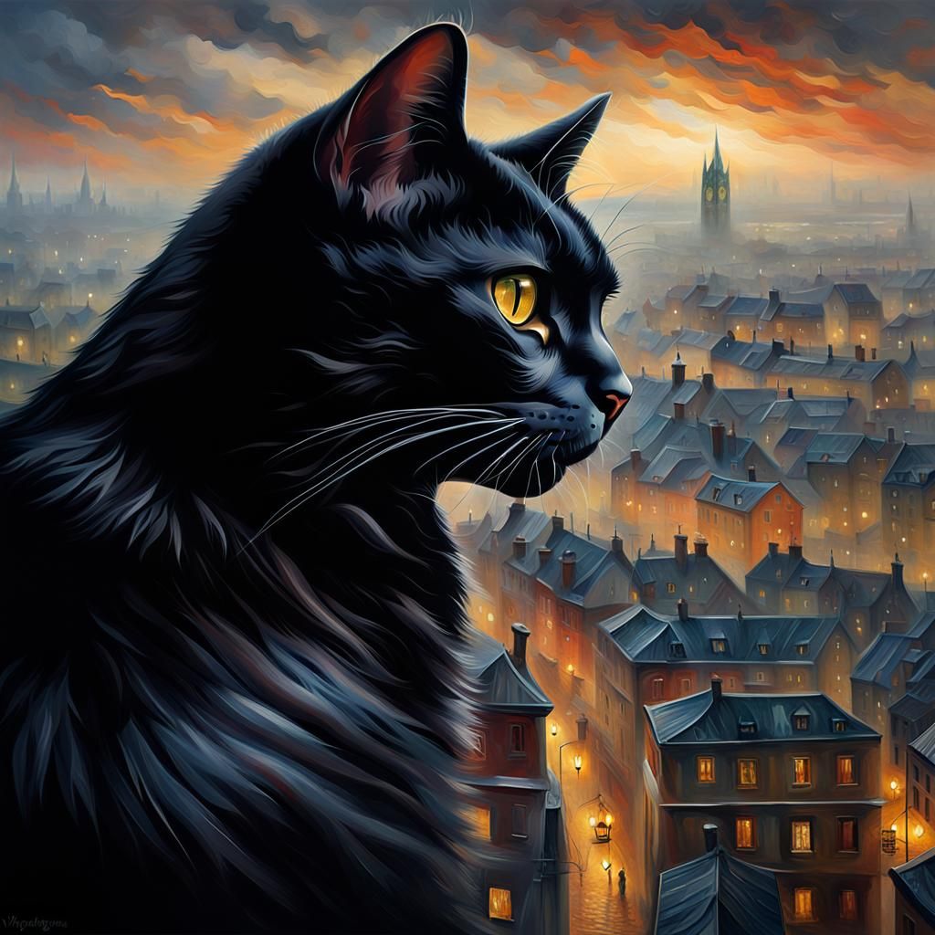 Black Cat Cityscape: Romantic Oil Painting