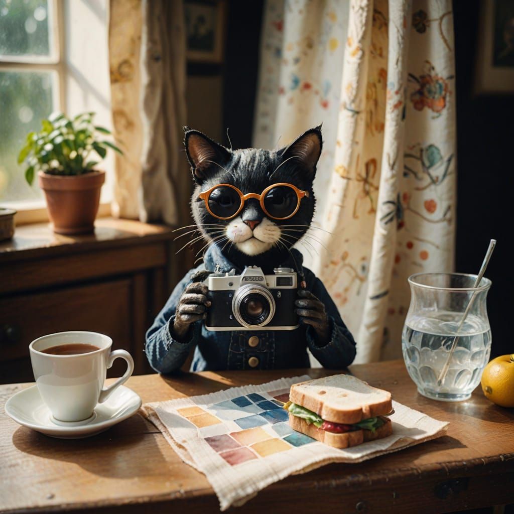 Surreal Landscape with Sandwich Face and Whimsical Elements