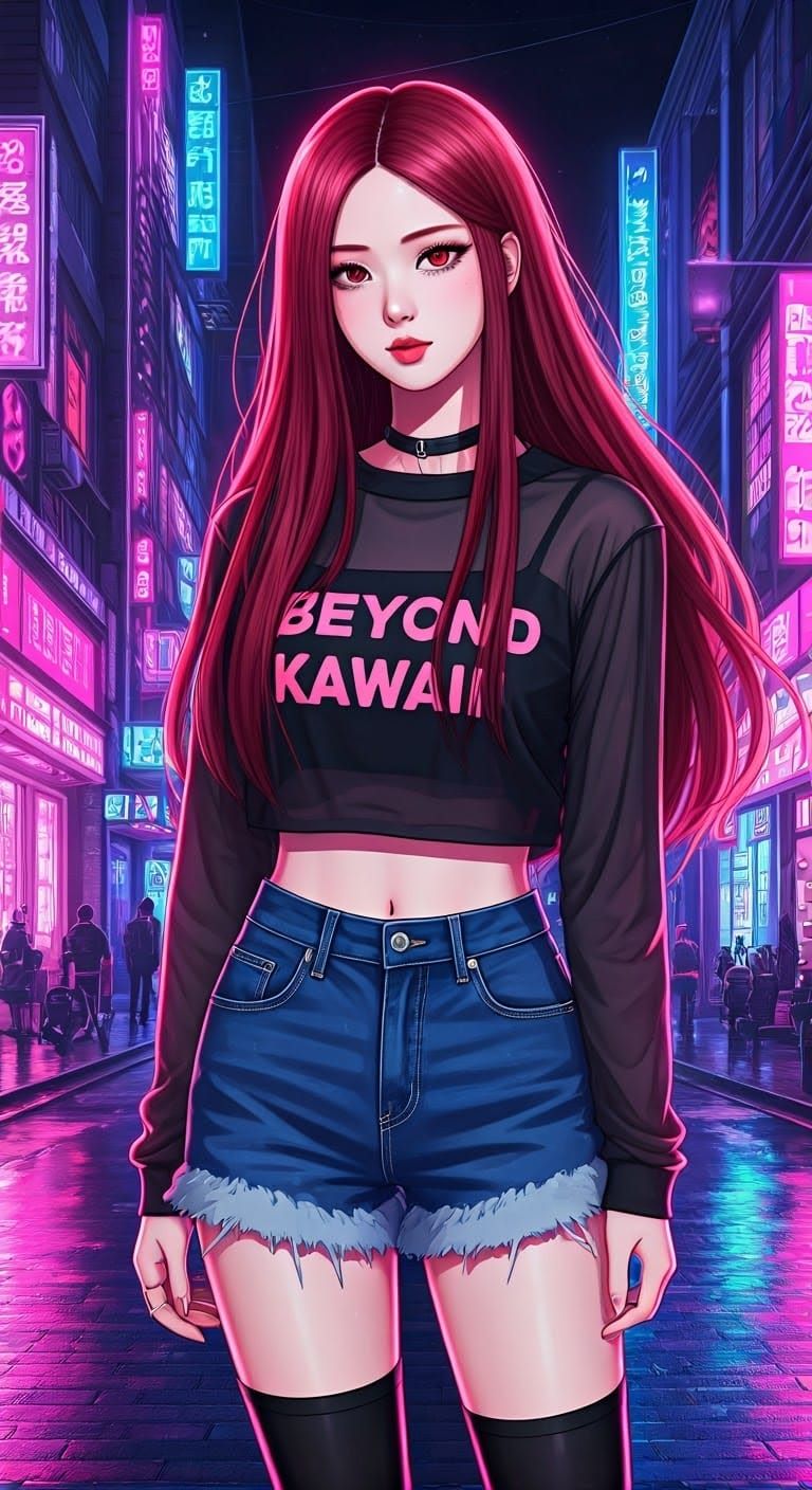 Korean Woman on Neon Street in Anime Style
