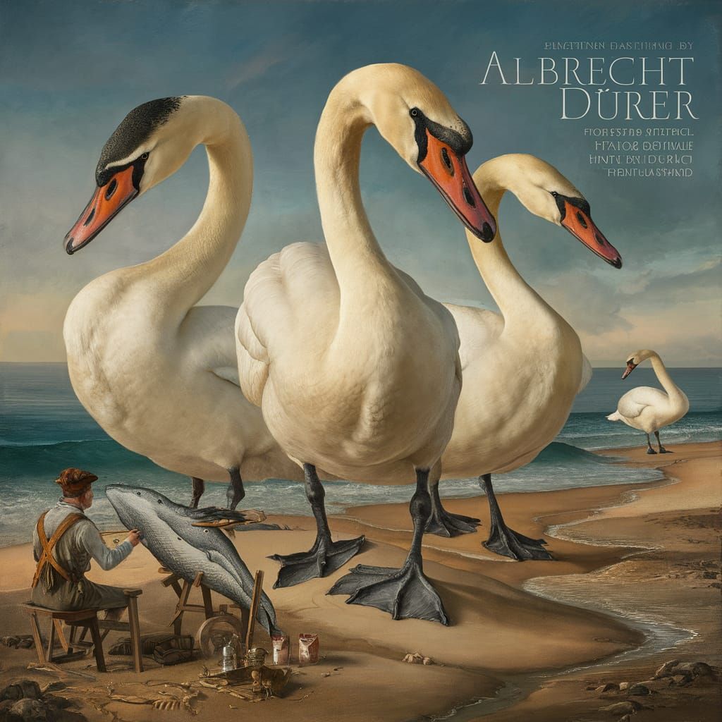 Swans and Whale Painting in Dürer Style