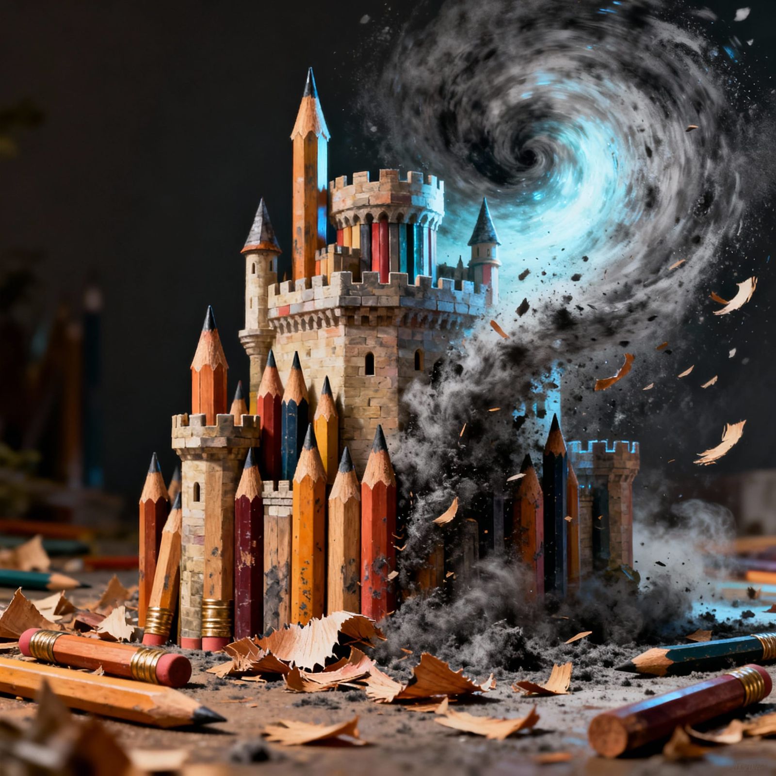 Fantastical Pencil Castle Dissolving into Vortex