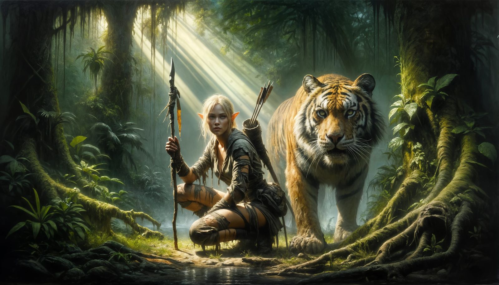 Tenebrism Jungle Elf in Mutual Respect with Injured Tiger