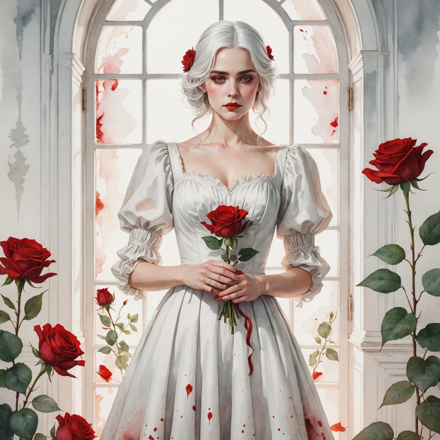 Woman with Red Rose in Watercolor Style