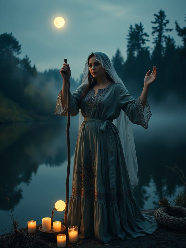Slavic Witch Ritual by Lake at Dusk
