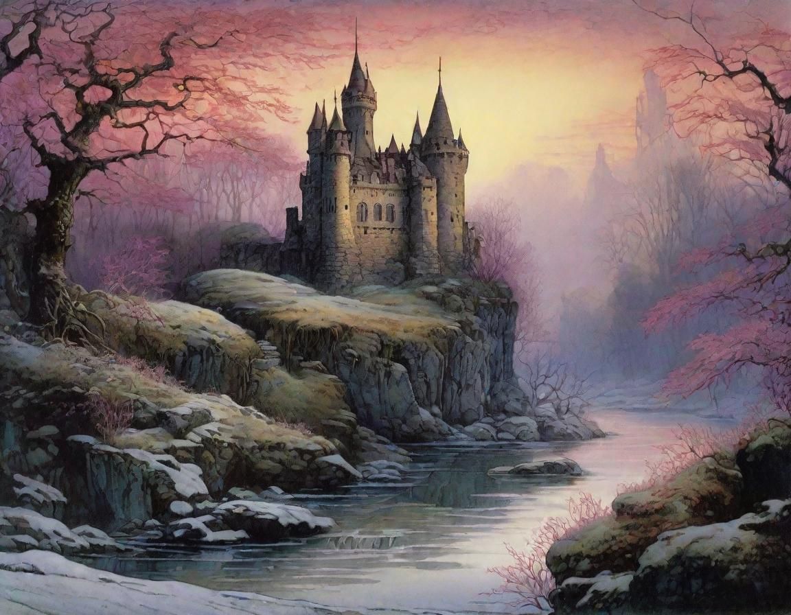 Whimsical Castle Ruin Emerges from Morning Mist in Soft, Eth...
