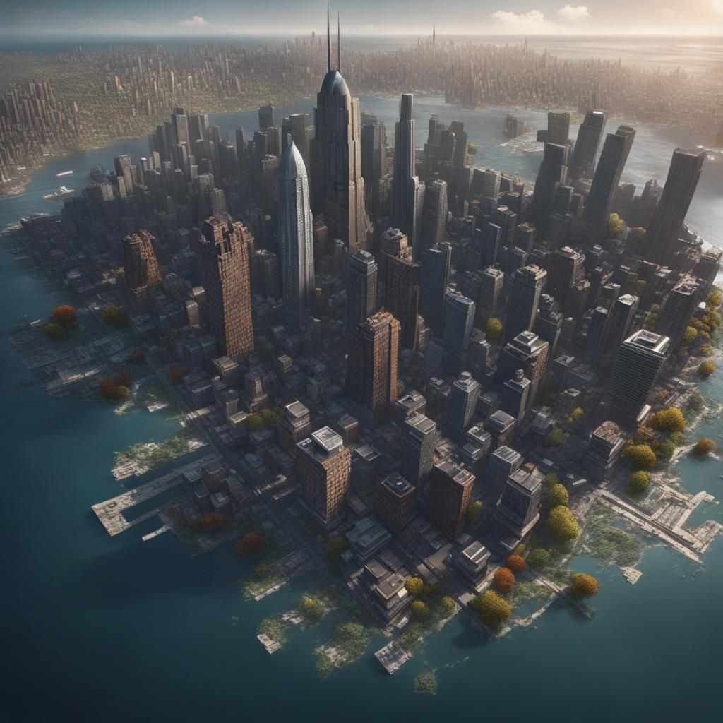 Detailed Modern Cityscape on Island, Fantasy Concept Art