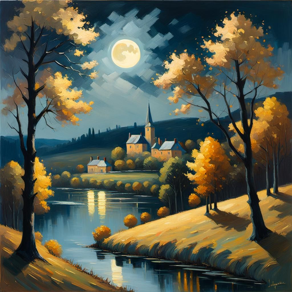 Nocturne Impressionist Landscape with Full Moon