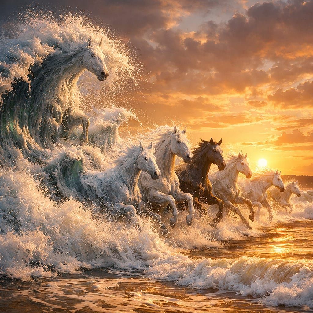 Ocean Waves Transform into Wild Horses at Sunset