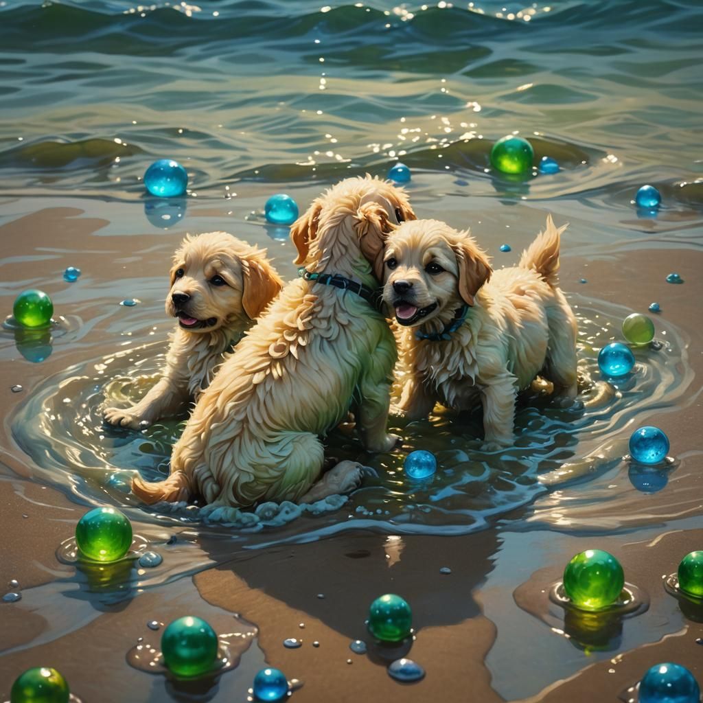 Puppies Playing on the Beach with Orbies: Oil Painting