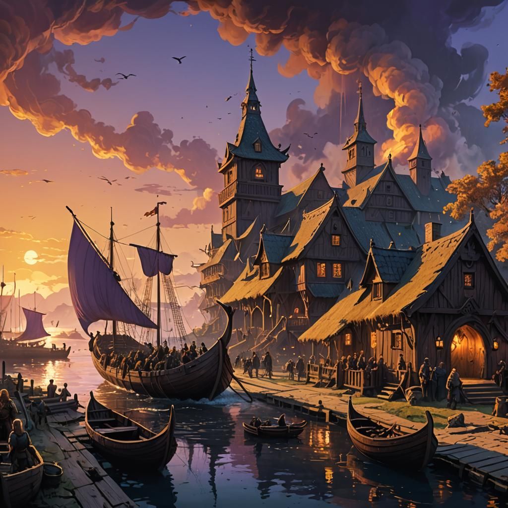 Viking Ship Arriving at English Town: Epic Fantasy Art
