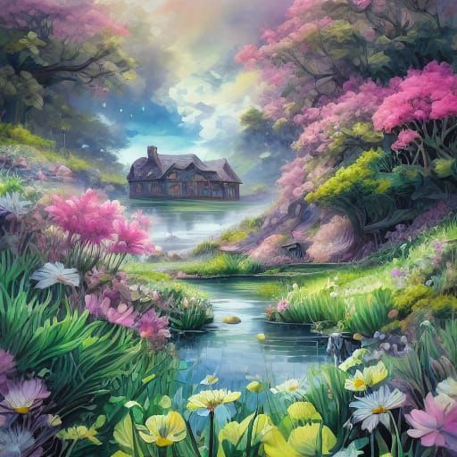 <lora:Fantasy:1.0> A dreamy landscape where flowers blooming...