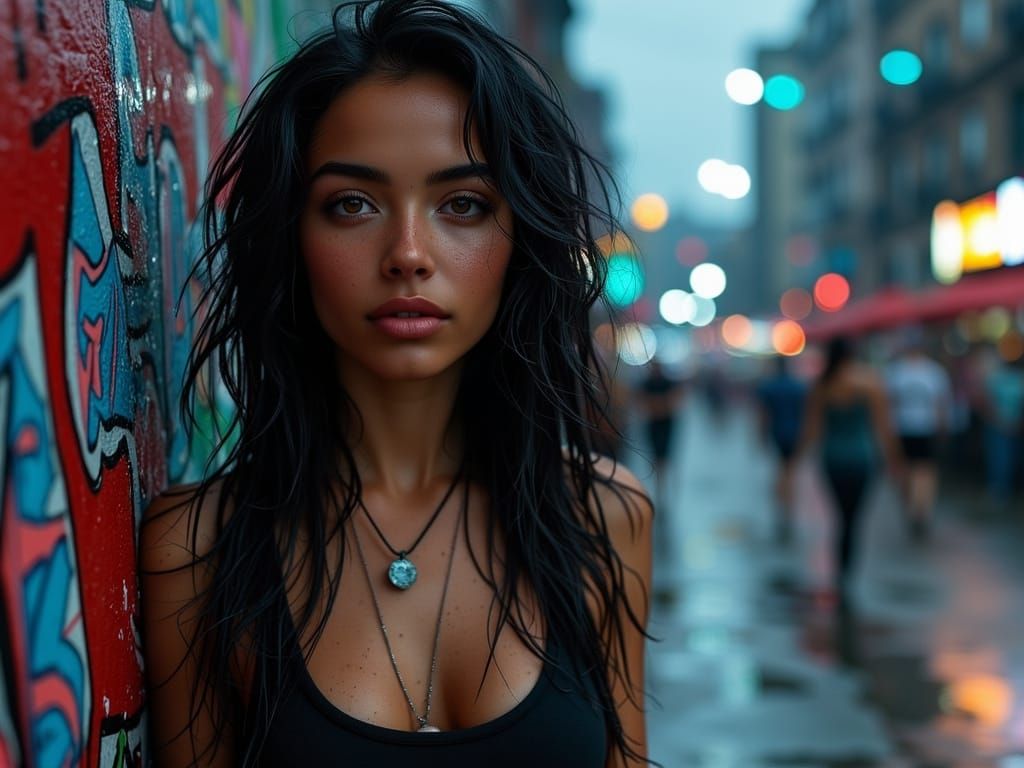 Rainy Street Scene with Woman in Photorealistic Style