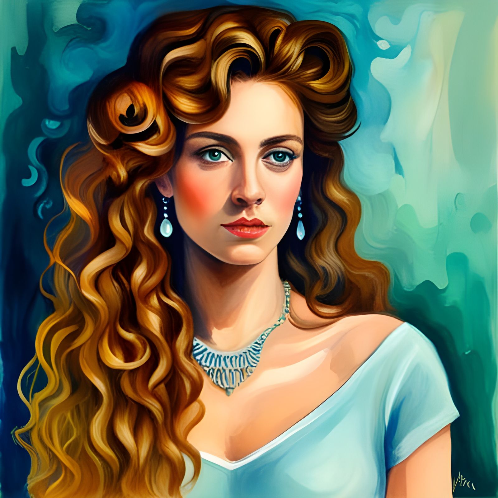 Jeweled Curly Hair in Gouache Impressionist Style