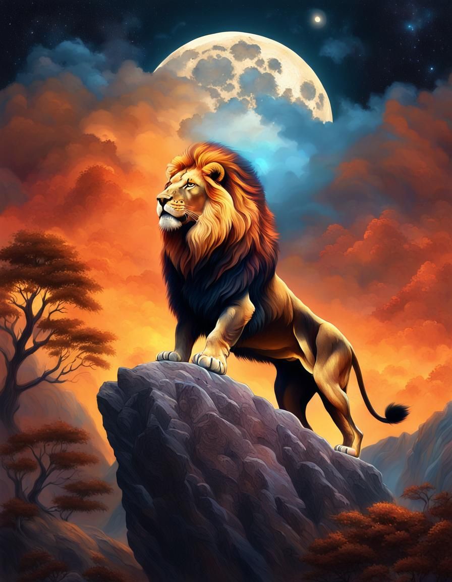 Majestic Lion Roaring at Moon in Ethereal Art