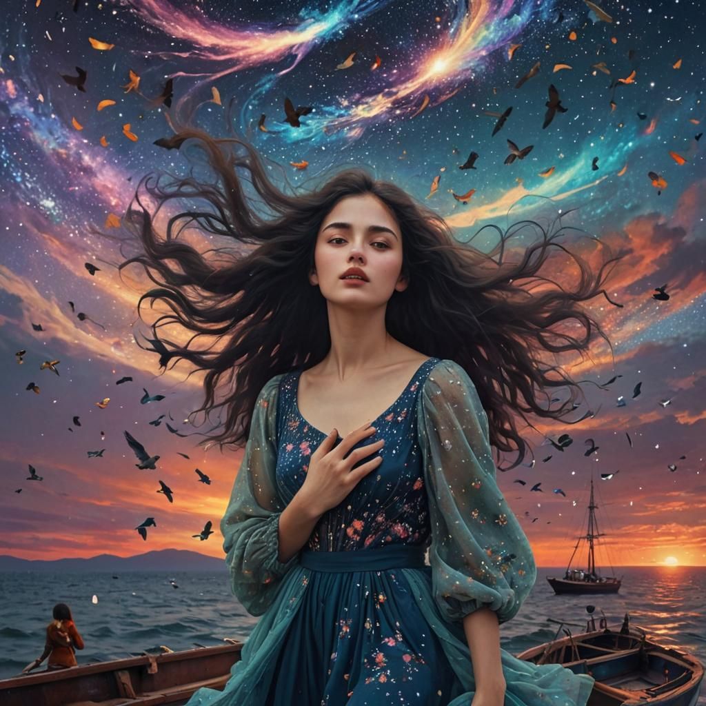 Woman Holding Galaxy in Cosmic Digital Art