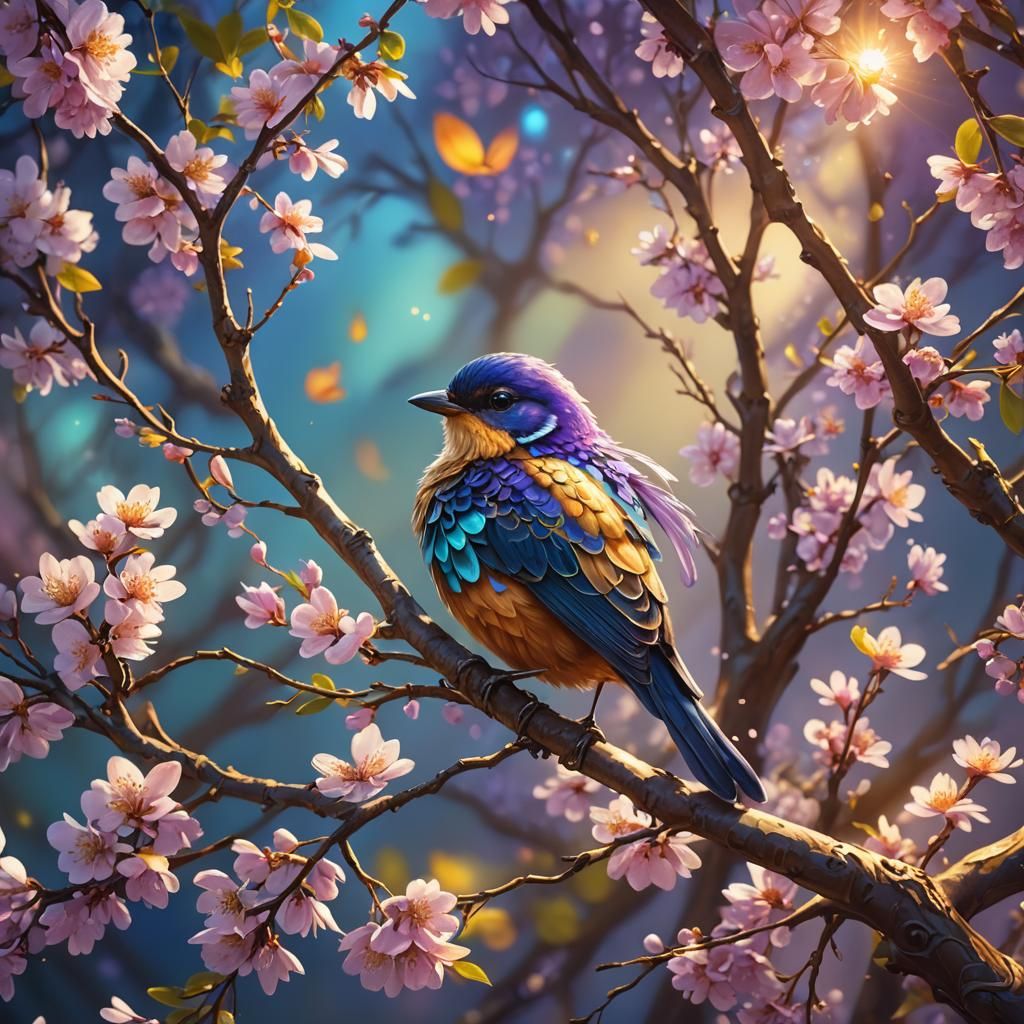 Bird on Spring Branch in Fantasy Art Style