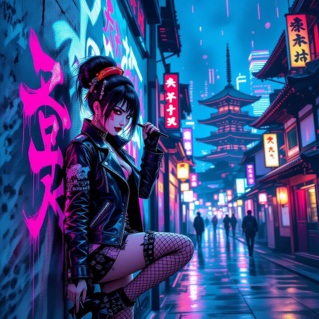 Cyberpunk Geisha Graffiti Art in Neon Cityscape