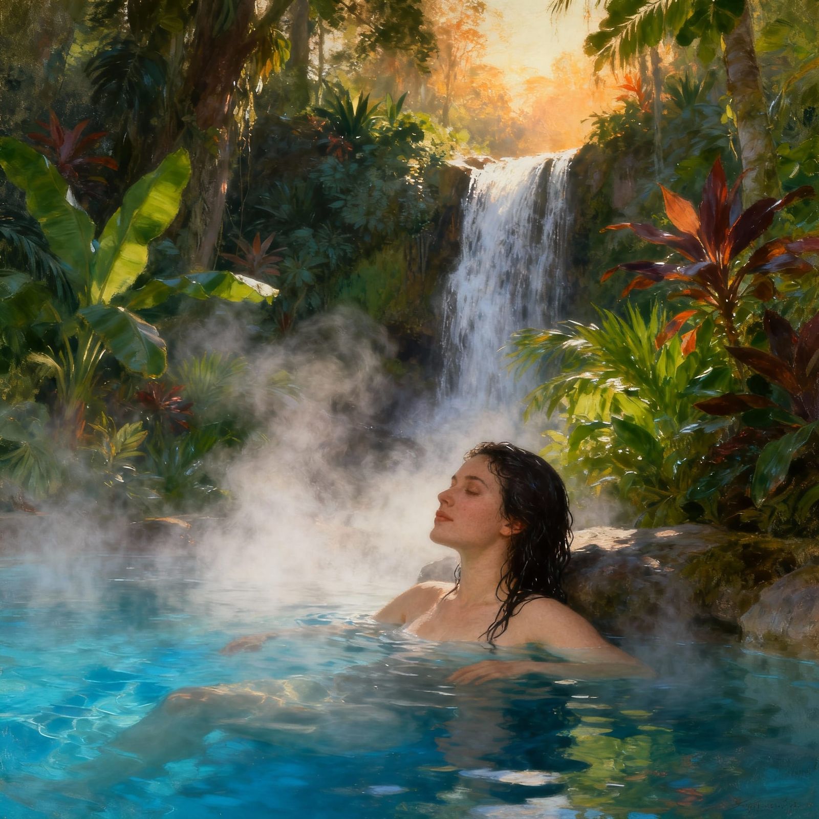 Woman Relaxing in Jungle Hot Spring with Waterfall