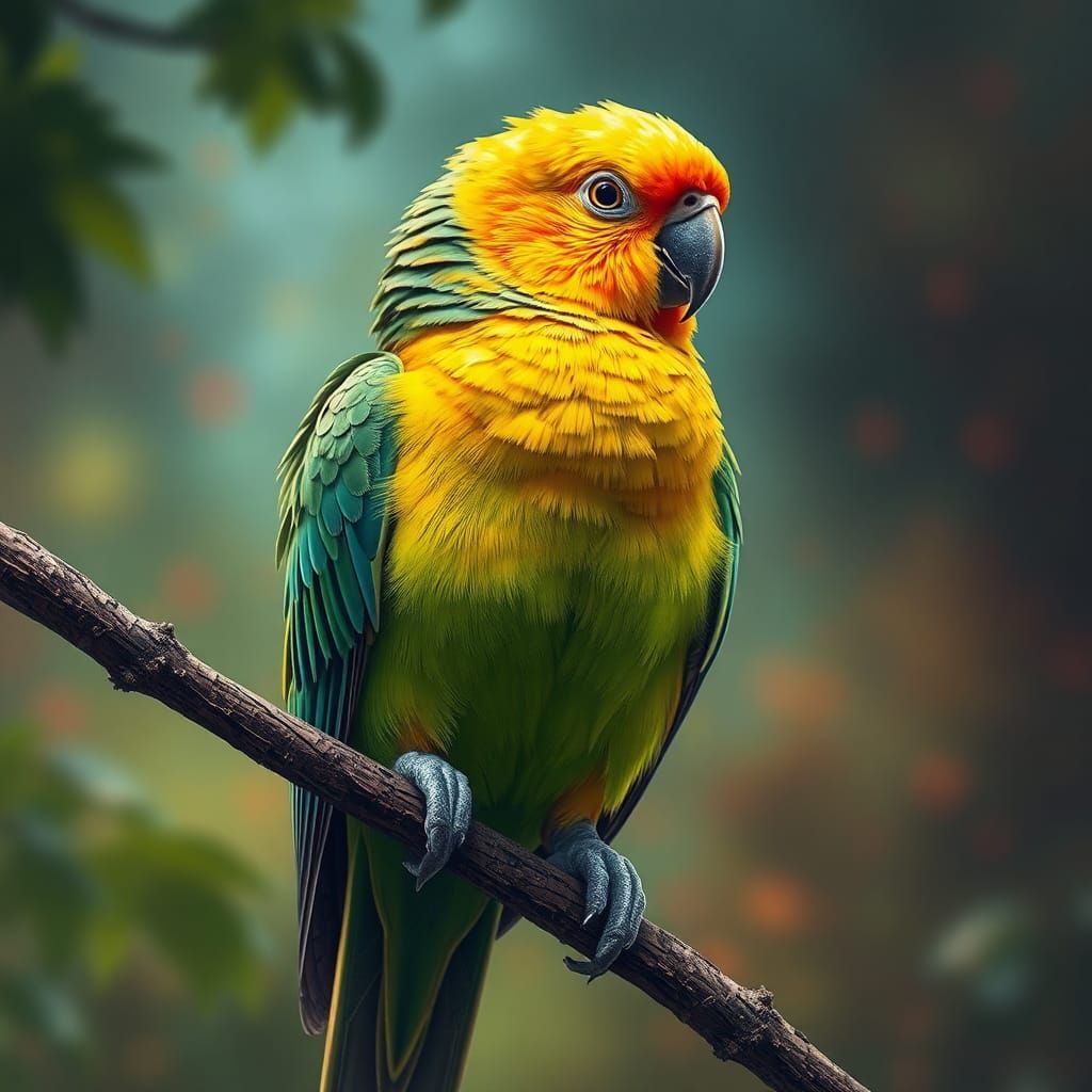 Hyperrealistic Parakeet on Branch in Splash Art Style