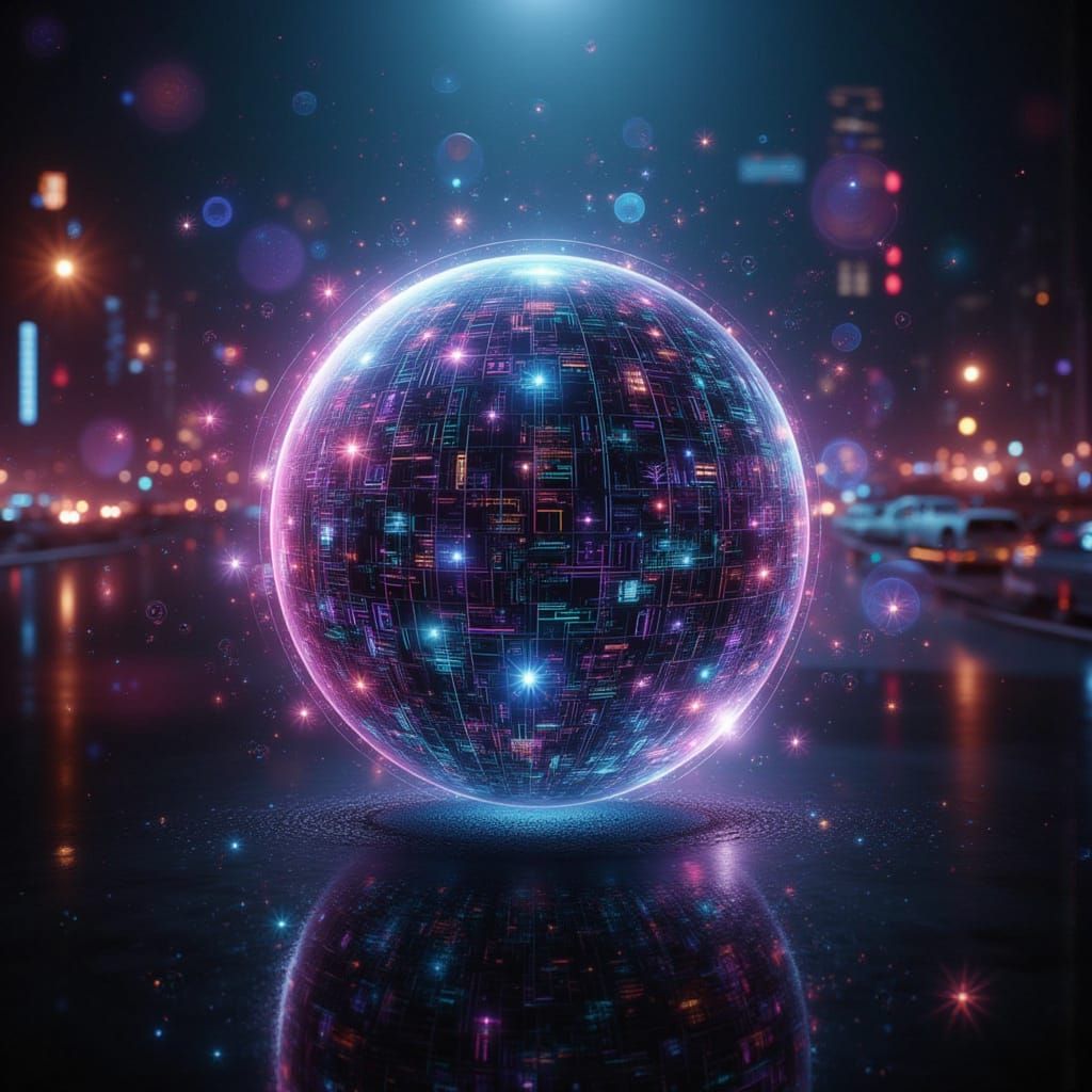 Cyberpunk Night Scene with Putin Cyborg and Magic Ball