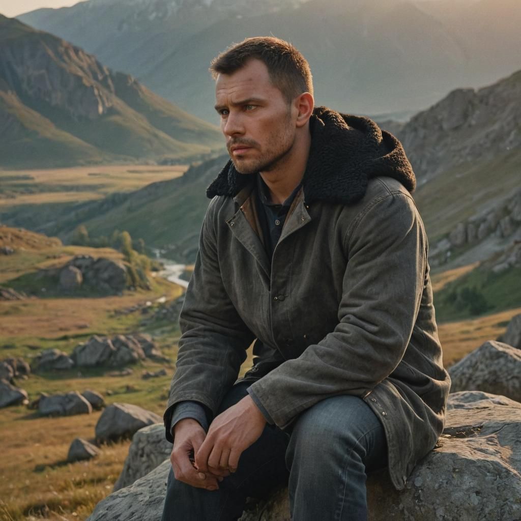 Man Contemplates Mountain View at Golden Hour