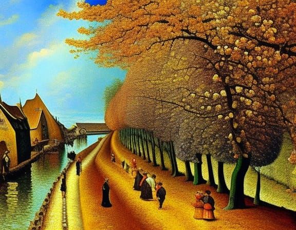 Cherry Blossom Village Street: Surrealist Watercolor