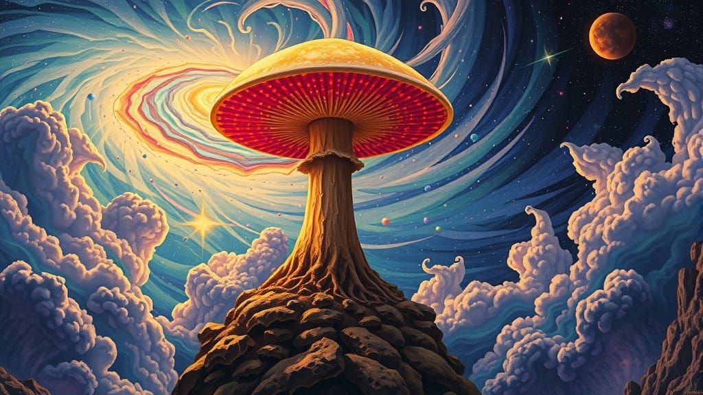 Surreal, Glowing Mushroom in a Dreamlike Galaxy