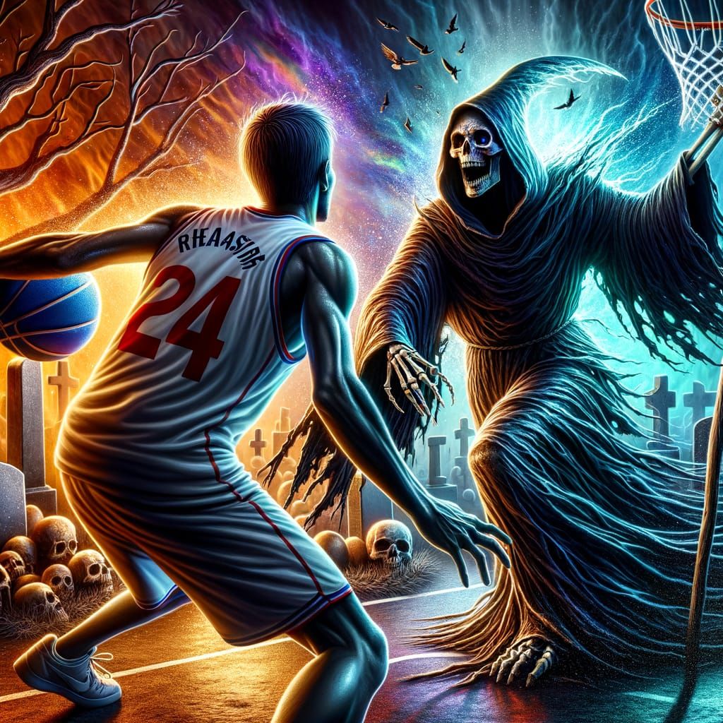 Scary grim reaper in a cemetery, plays  Basketball one-on-one against the ghost of Number 24 in his Lakers yersey . Back...