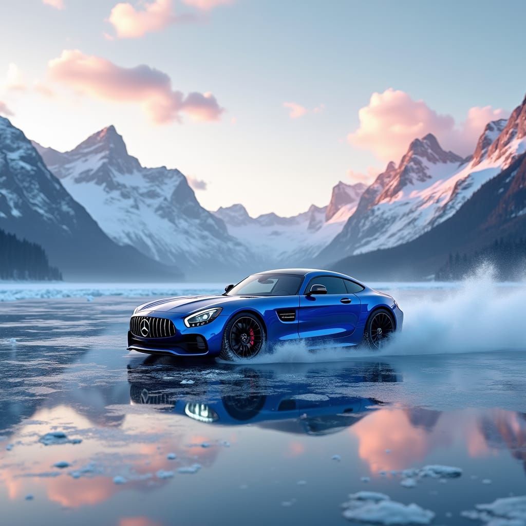 Blue Mercedes on Frozen Lake, Digital Art