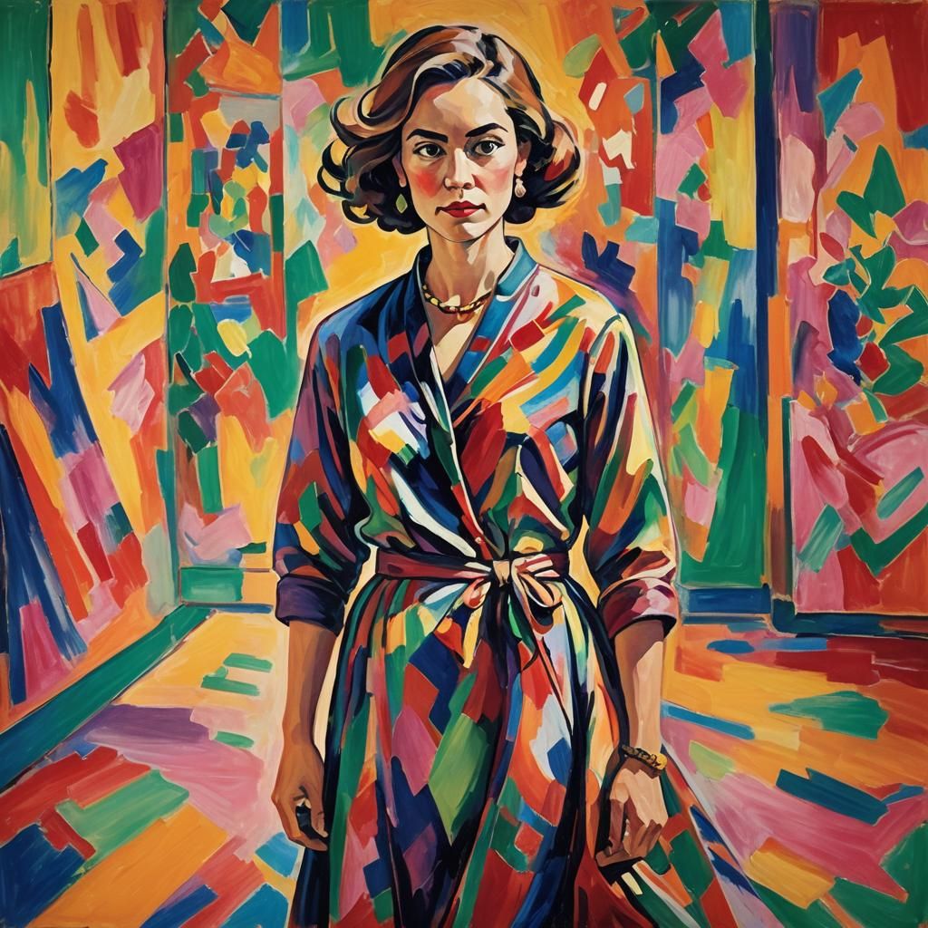 bland woman with poorly drawn hands wearing clinging silky f...