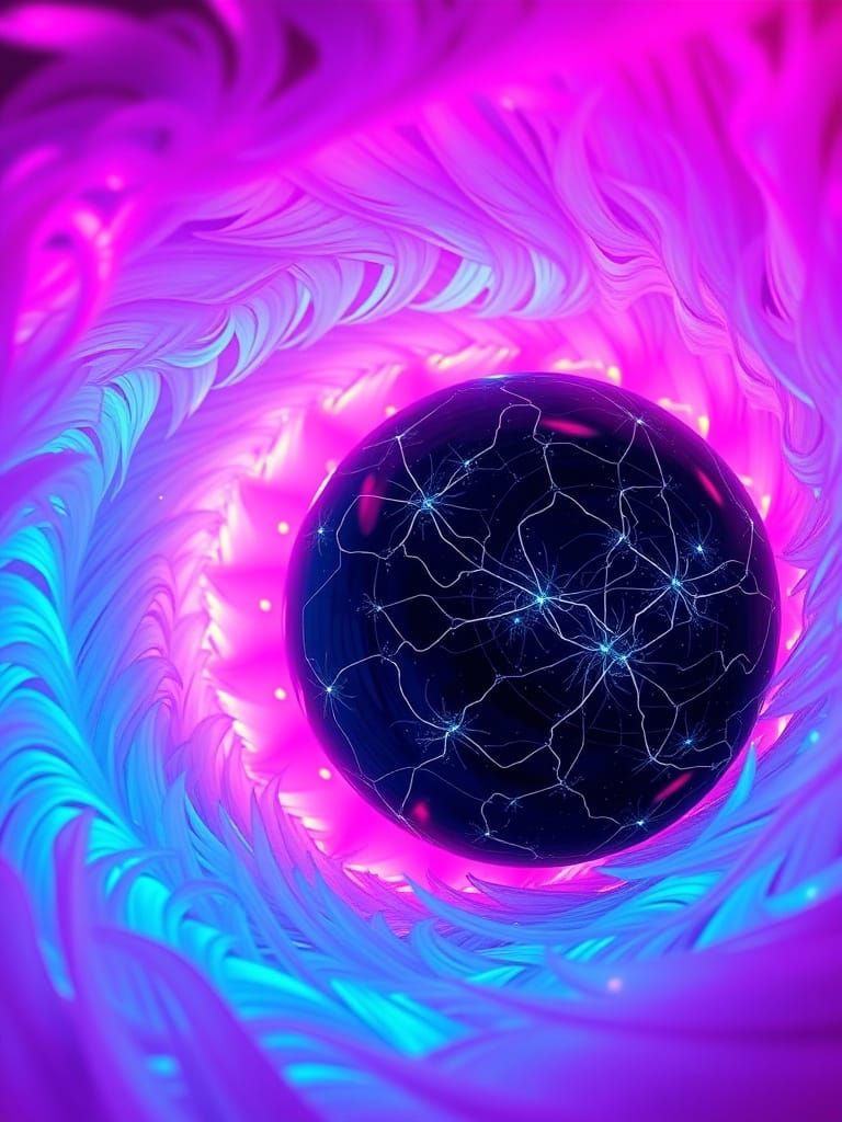 Neon Feathers Swirl in Infinite Obsidian Orb