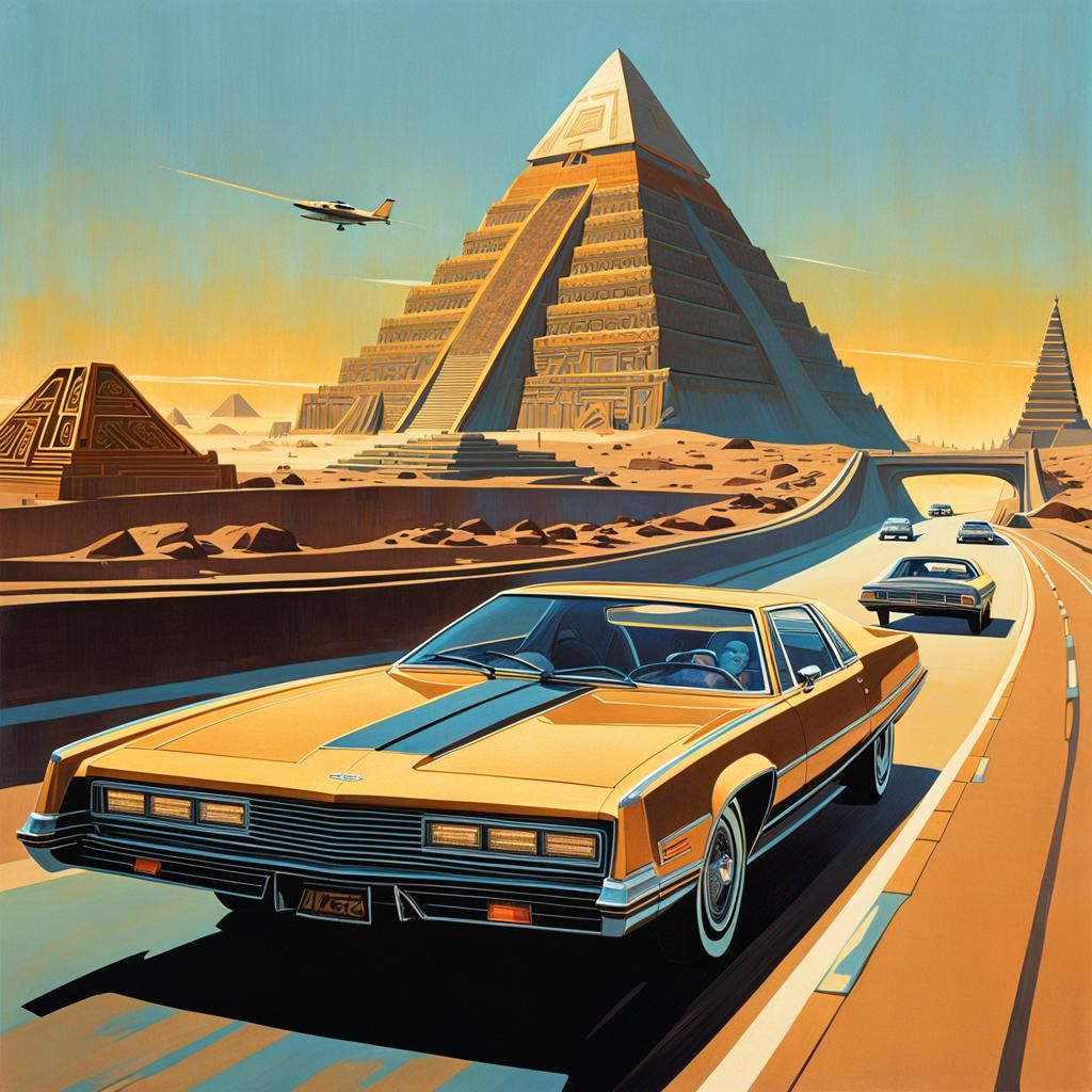 Retro-Futuristic Car Speeds Past Aztec City