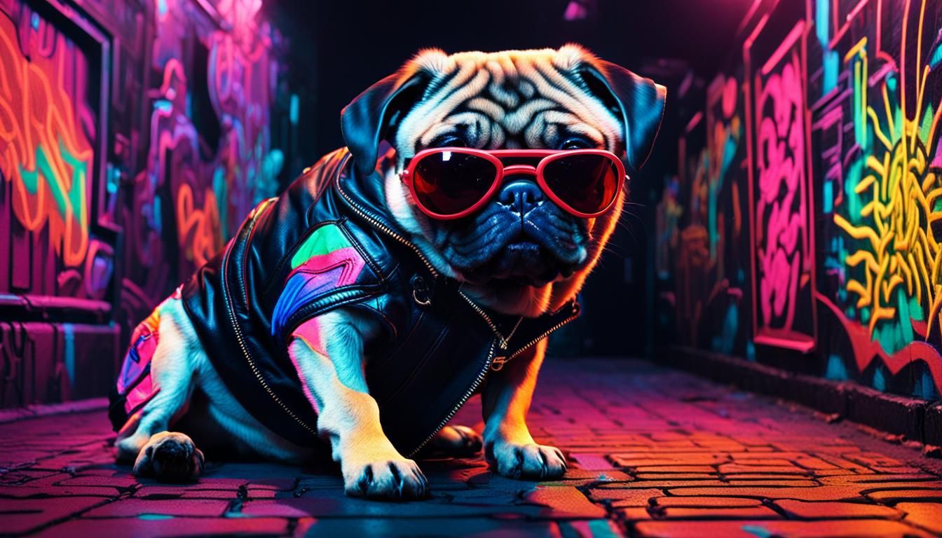 Cyberpunk Pug Gazing at Neon Graffiti Art