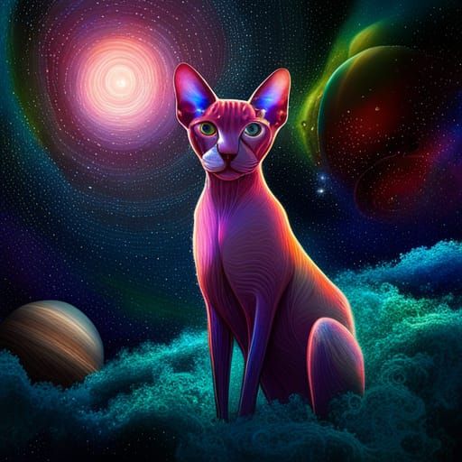 Sphynx Cat's Cosmic Walk: Holographic Astral Illustration