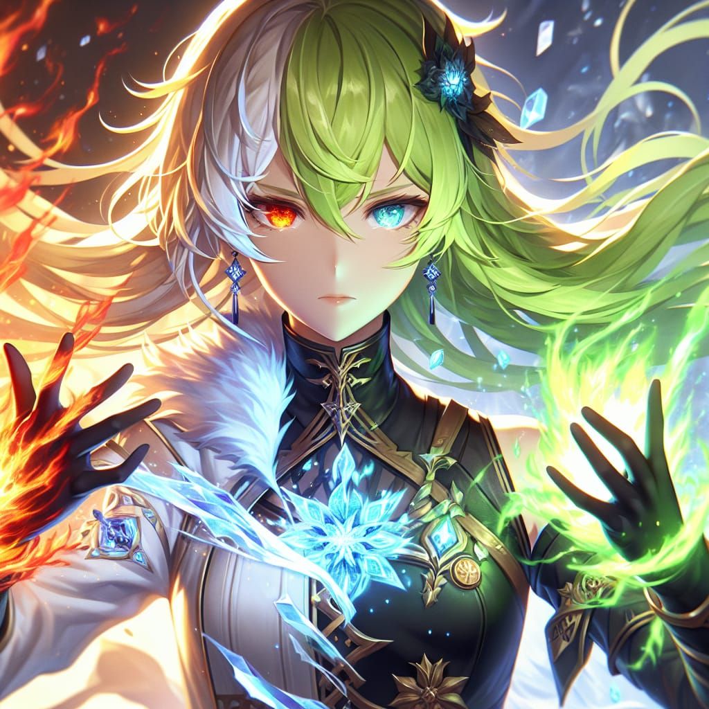 Anime Elementalist Activating Ice and Fire Tattoos