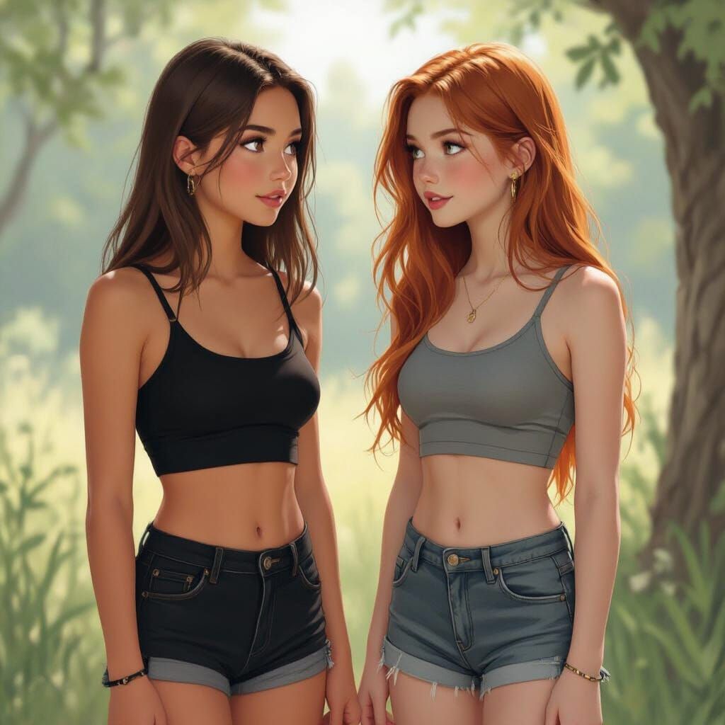 Teen Girls in Conversation: Realistic Character Portrait