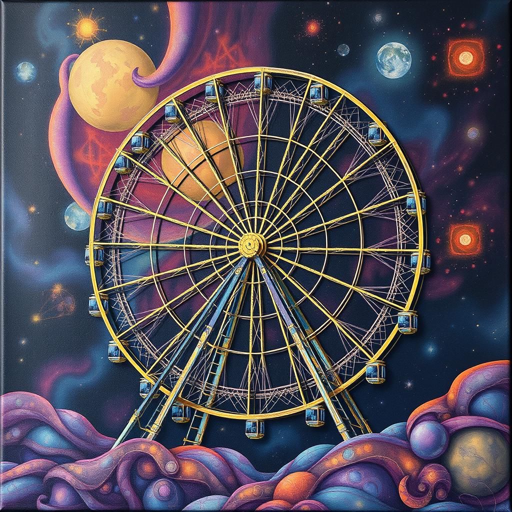 Holographic Cosmic Ferris Wheel in Surrealist Style