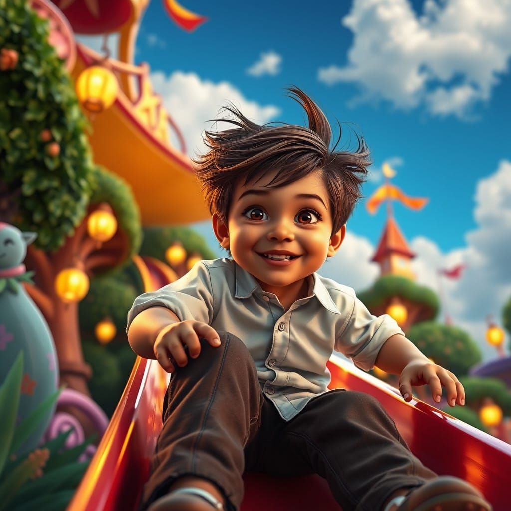 Dreamlike Boy Sliding Down a Fantasy Amusement Park Slide